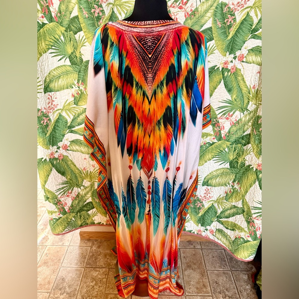 FREE SIZE Colorful Maxi Feathers Kaftan Dress